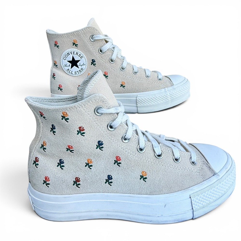 Converse Chuck Taylor All Star Lift Hi Platform Suede Floral Rose Sneakers Beige - Picture 2 of 16